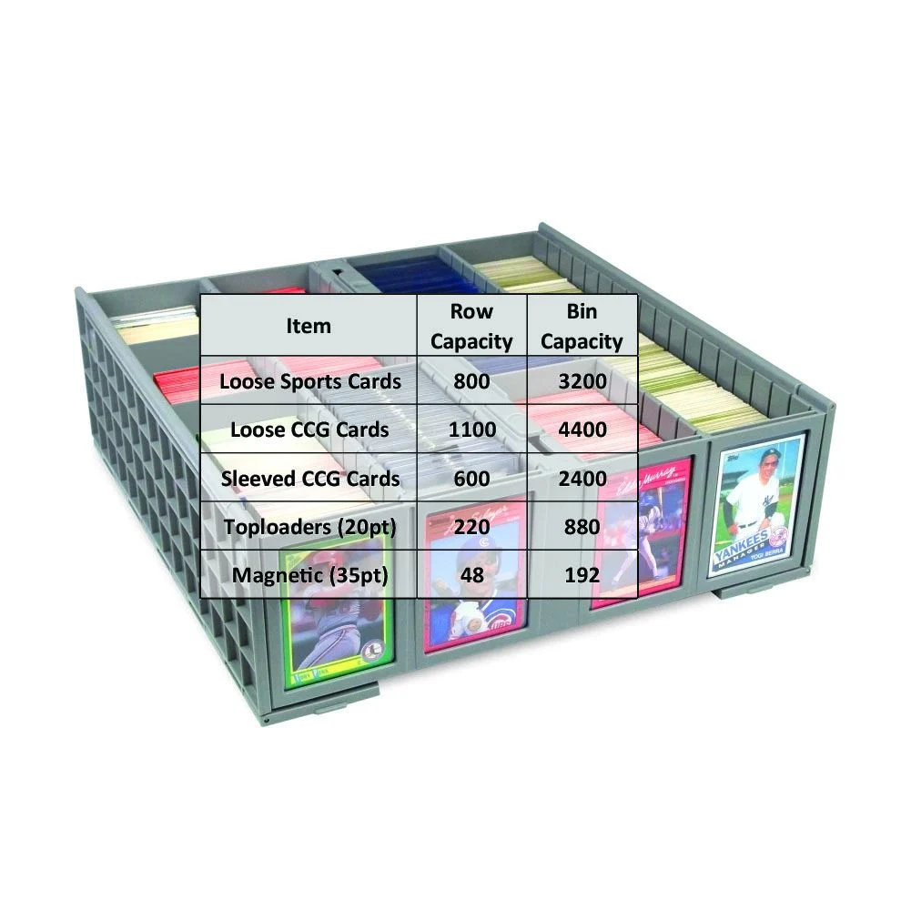 Collectible Card Bin - 3200 with Trading Cards and breakdown of types of cards that can fit inside