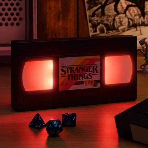 Stranger Things VHS Logo Light with Red LED lights on table